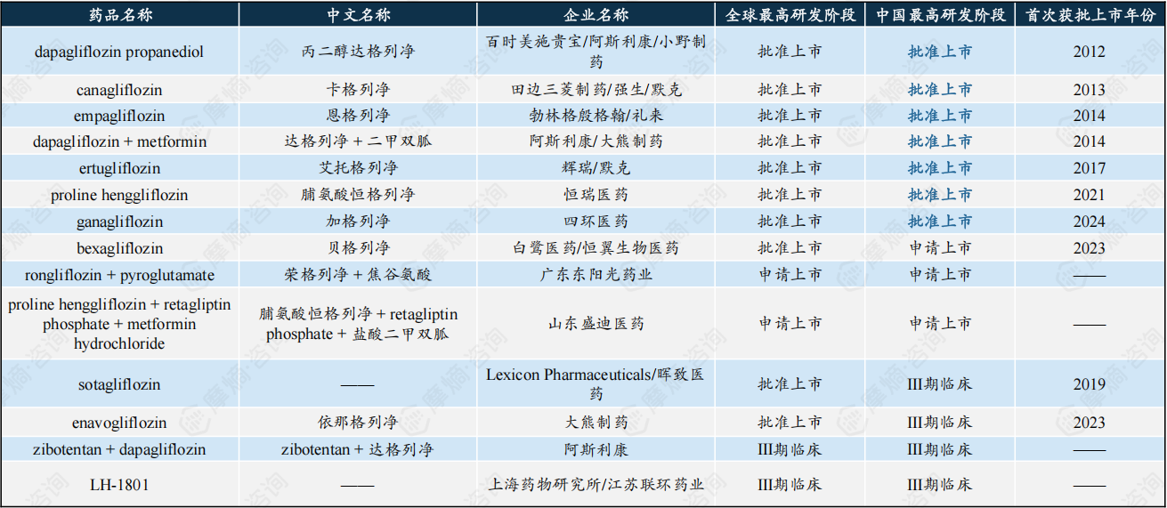 国内SGLT2抑制剂原研产品汇总