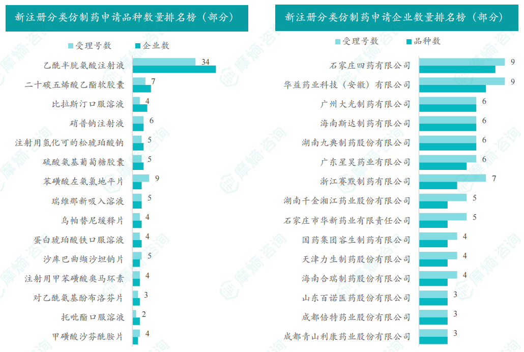 新注册分类仿制药申请品种/企业数量排名榜（部分）