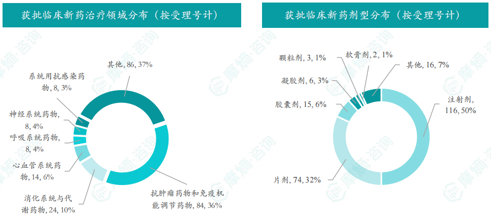 获批临床新药治疗领域/剂型分布（按受理号计）