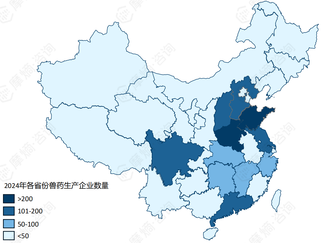 2024年中国各省份生产兽药企业数量示意图